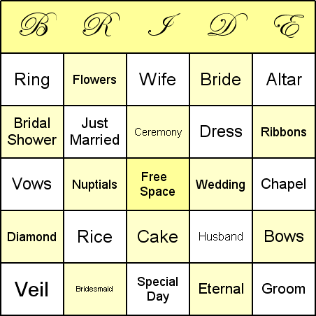 Bridal Shower Bingo Card
