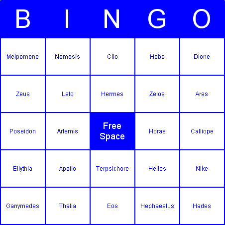 Ancient Greek Gods Bingo Card