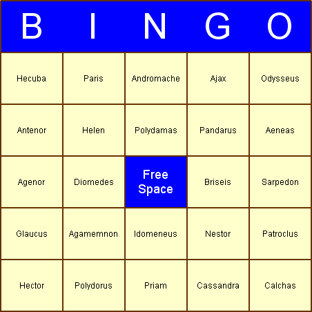 Illiad Bingo Card