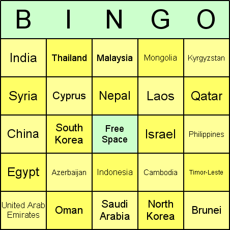 Asian Countries Bingo Card