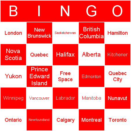 Canadian geography Bingo Card
