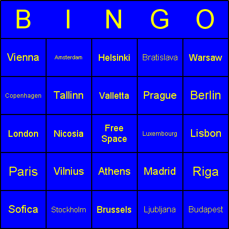 European Union capitals Bingo Card