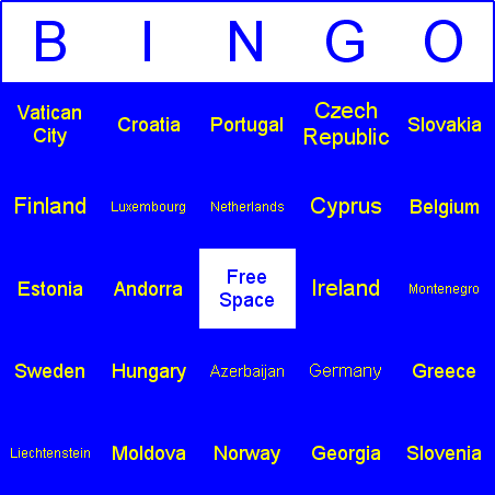 European countries Bingo Card