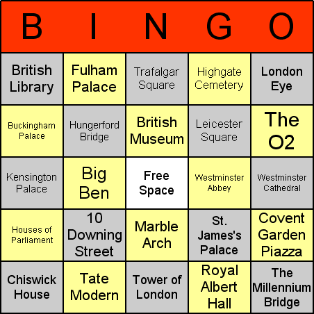 London landmarks Bingo Card