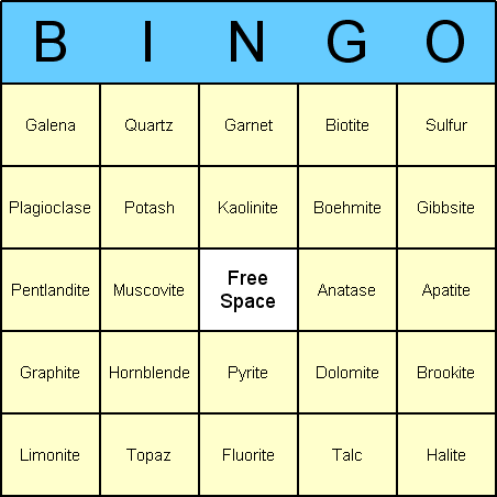 Minerals Bingo Card