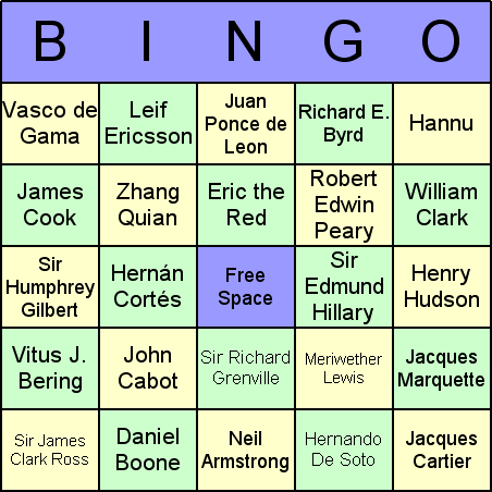 Explorers Bingo Card