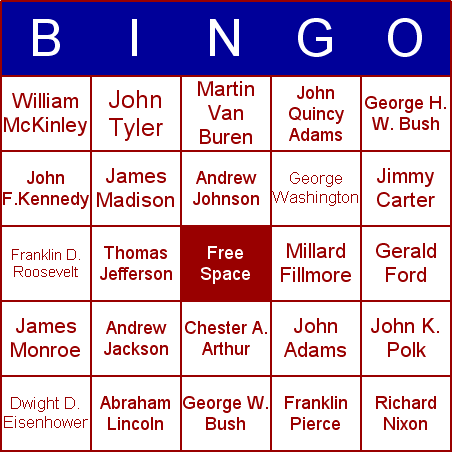 Presidents' Day Bingo Card