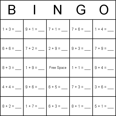 Addition Bingo Card