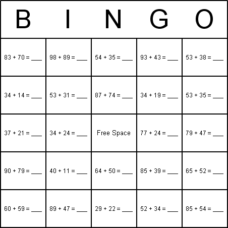 Addition Bingo Card