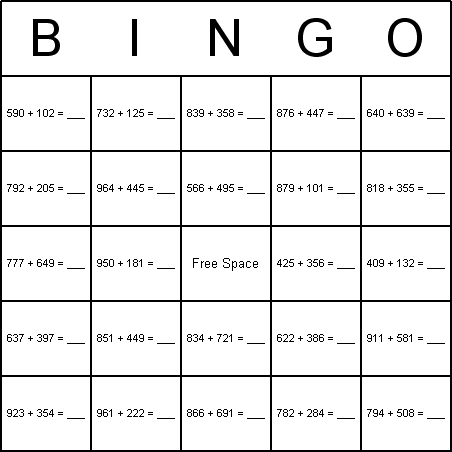 Addition Bingo Card