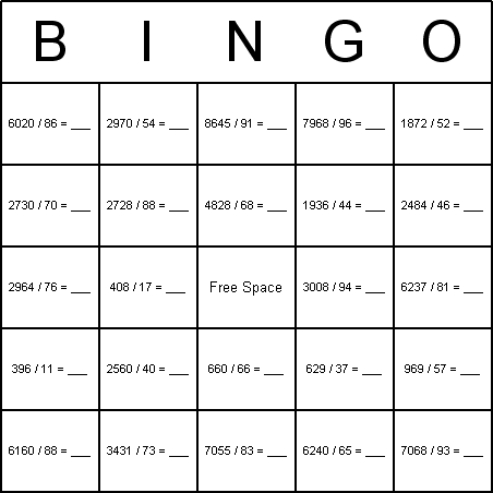 Division Bingo Card