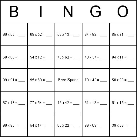 Multiplication Bingo Card