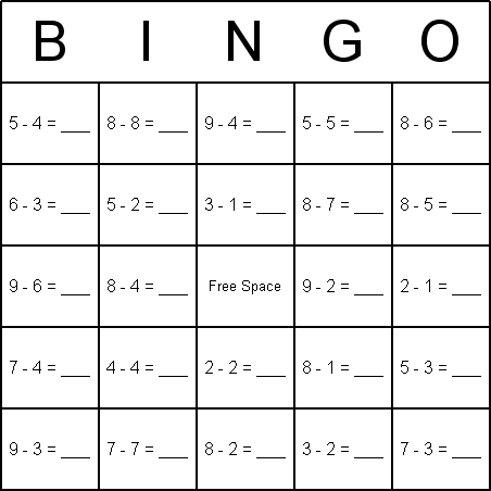 Subtraction Bingo Card