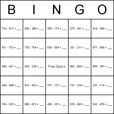 Subtraction Bingo Card