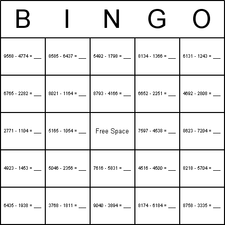 Subtraction Bingo Card