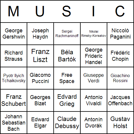 Famous Composers Bingo Card