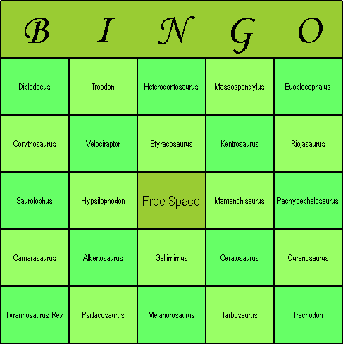 Dinosaur Bingo Card