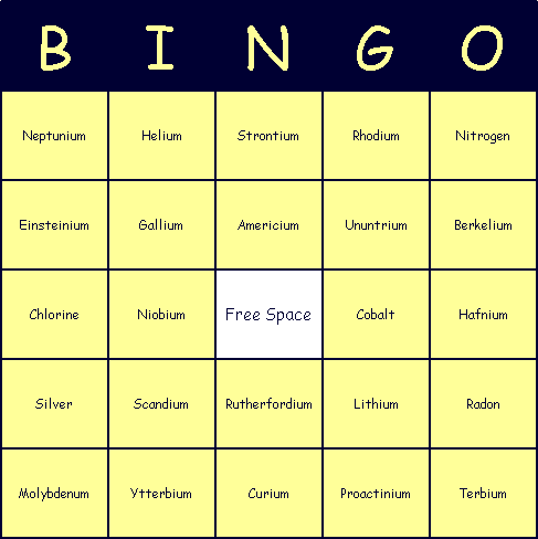 Elements Bingo Card
